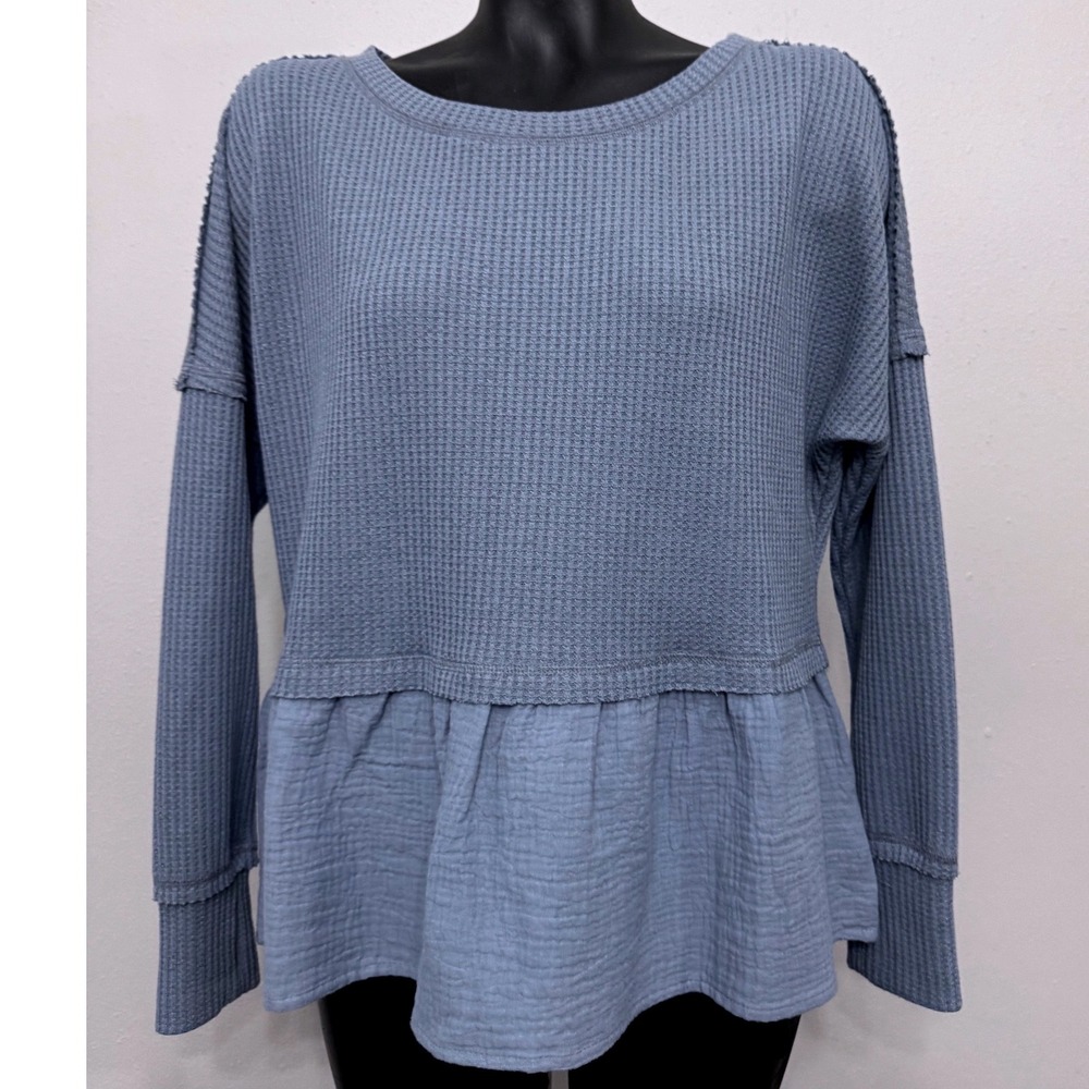 Altar'd State Waffle Knit Peplum Thermal Top Women's S Blue Long Sleeve NWT